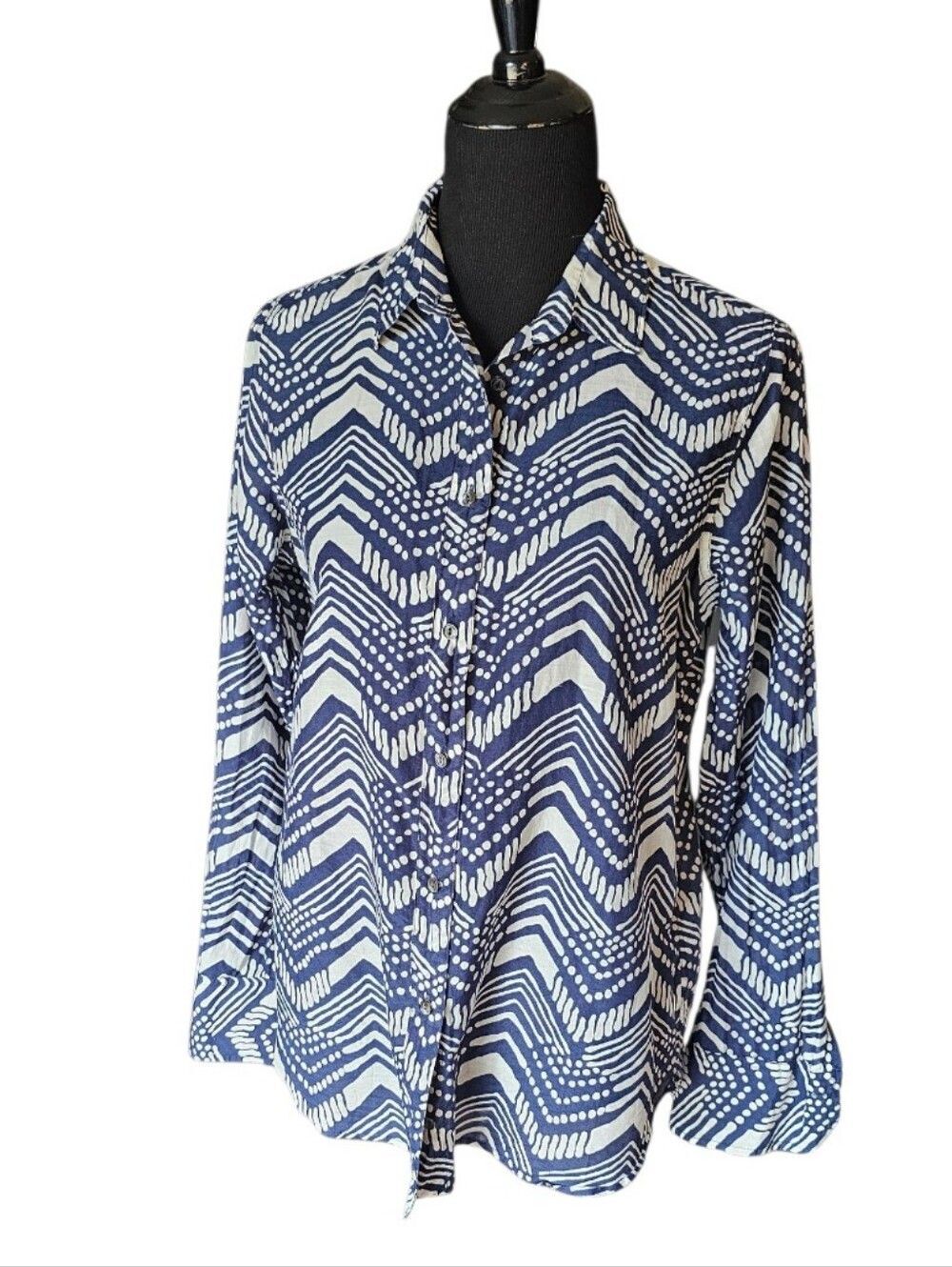 J. Crew Boy Shirt Indigo Tribal Print Cotton Silk Button Up Blouse Size 8